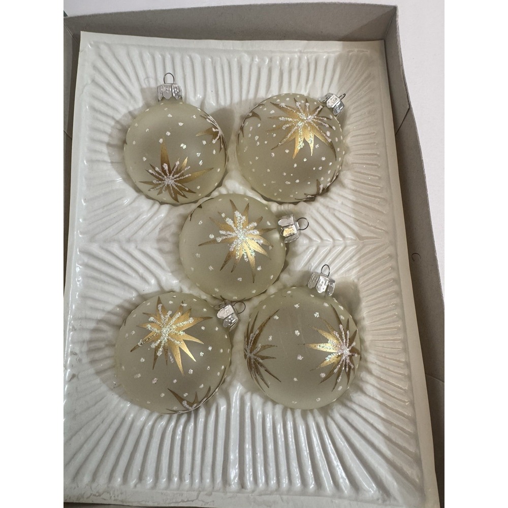 Vintage Commodore Glass Ornaments Balls Gold White Silver Sparkle Hand Blown 5